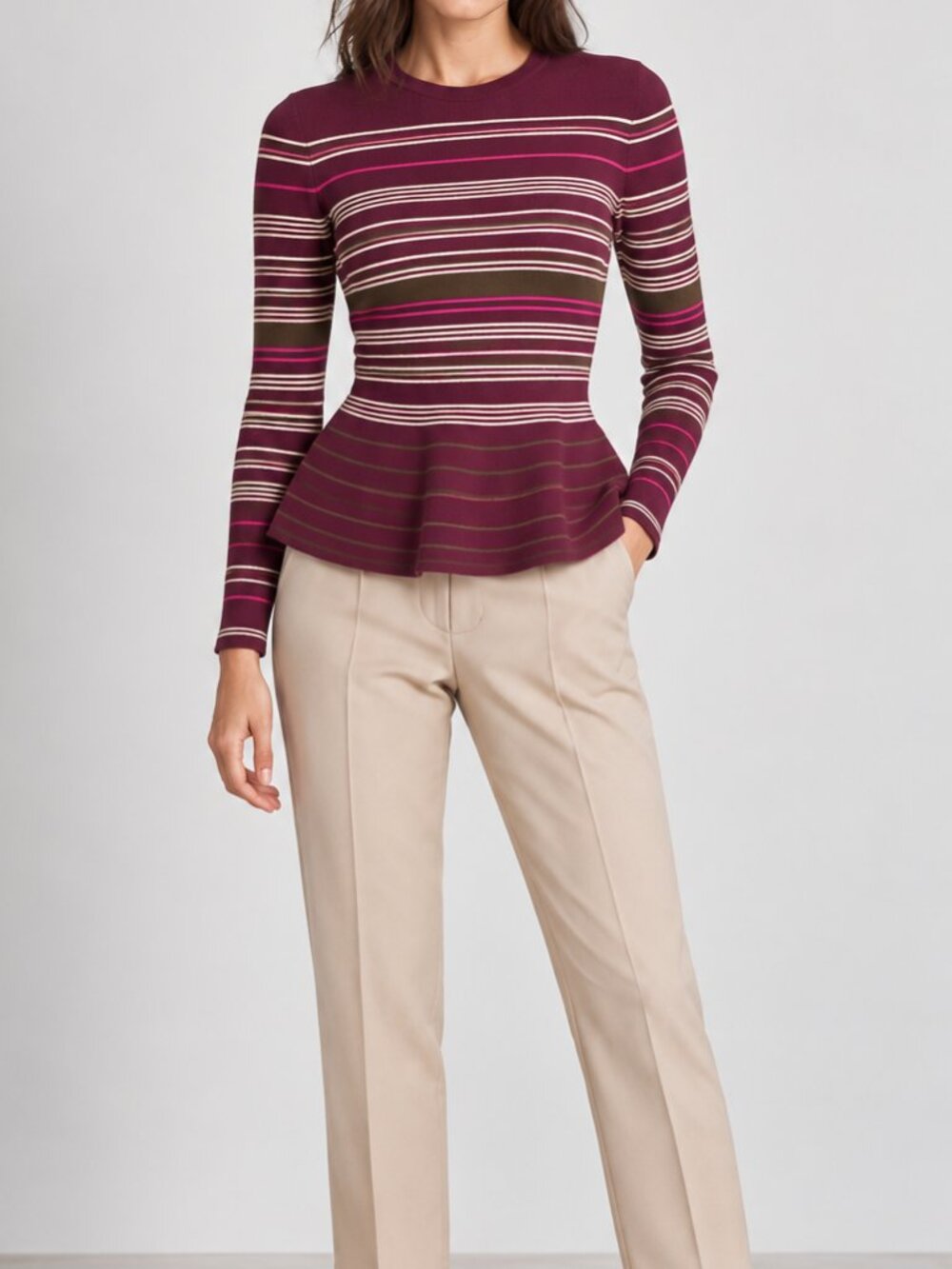 Ted Baker London Leytina Striped Peplum Burgundy Sweater SZ 4 TED 10 US NWT